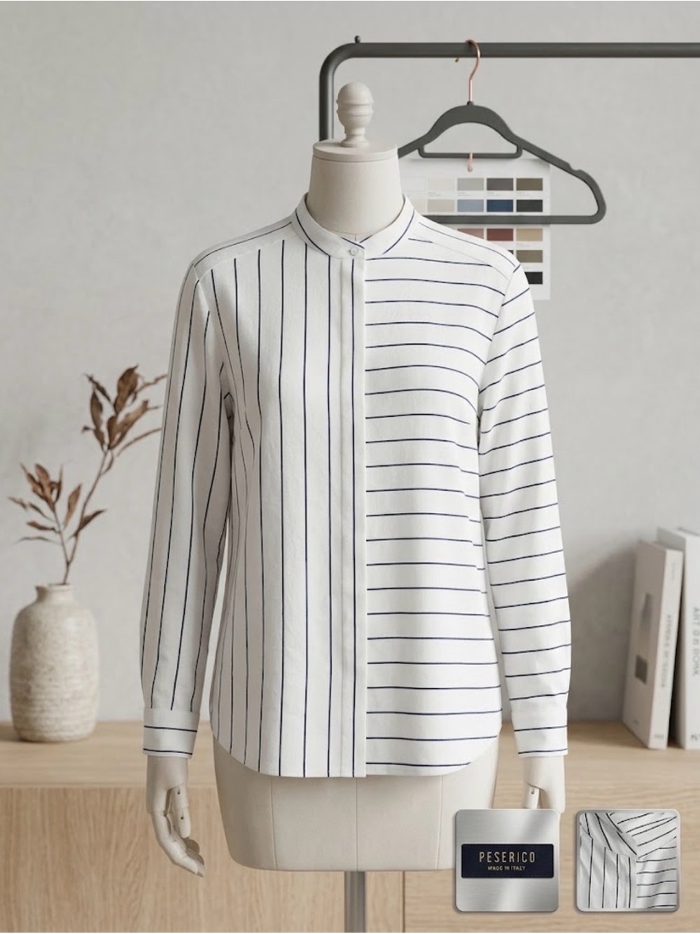 Pedro Silk Blend Stripes Blouse Size 48/US 12 Band Collar Quiet Luxury Italy